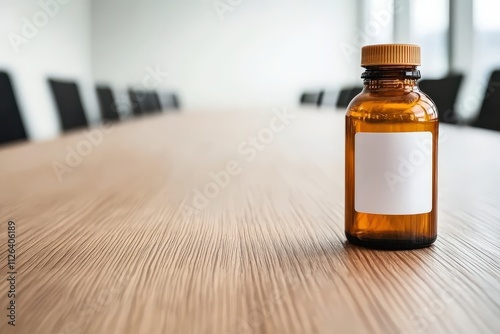 Exploring Therapeutic Solutions Brown Glass Bottle Presentation in Modern Conference Room with Minimalist Aesthetic