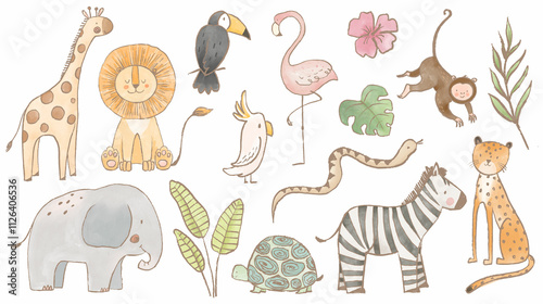 Beautiful stock illustrations set with cute lion zebra toucan elephant monkey flamingo. Safari animal clip art. Isolated naive style drawing. Childish hand drawn painting. photo