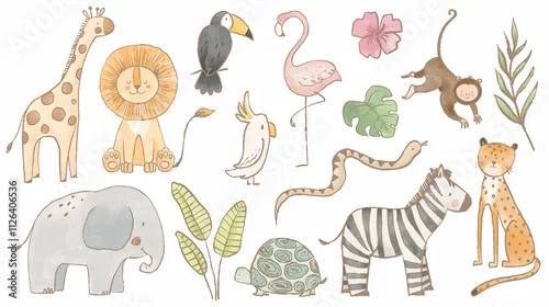 Fototapeta samoprzylepna Beautiful stock illustrations set with cute lion zebra toucan elephant monkey flamingo. Safari animal clip art. Isolated naive style drawing. Childish hand drawn painting.