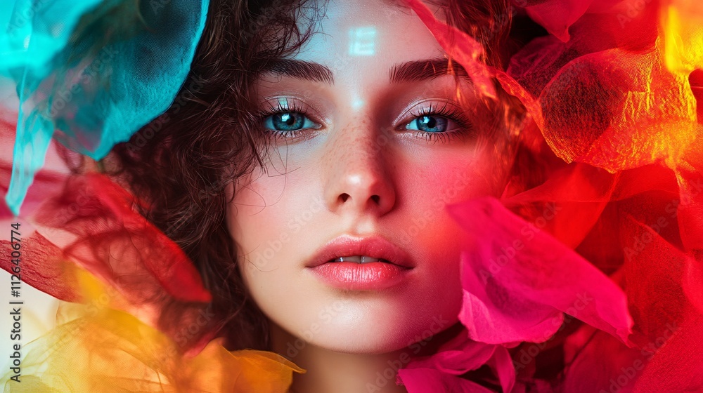 A portrait of a woman with curly hair surrounded by colorful, translucent petals, creating a vibrant and ethereal atmosphere. A portrait of a woman with curly hair surrounded by colorful, translucent petals, creating a vibrant and ethereal atmosphere.