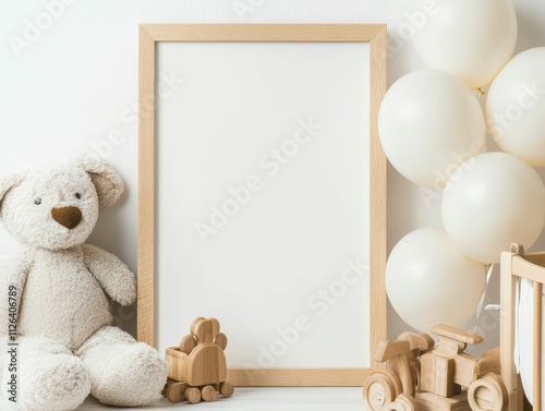 A cozy nursery scene featuring a teddy bear, wooden toys, and white balloons, set against a blank frame ready for personalization.