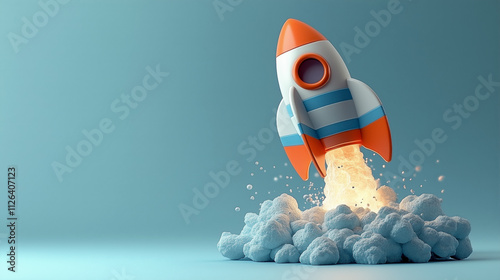 Toy rocket launching with fire and smoke billowing from behind against a plain blue background with copy space for text