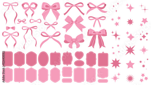 Soft pink vintage bow set. Bows for decor. Trendy girls accessories. Cute hairstyle elements. Sparkles icons, star shape. Party decoration, gift. Glitter sparkle. Stickers, frames, promo, price, sale