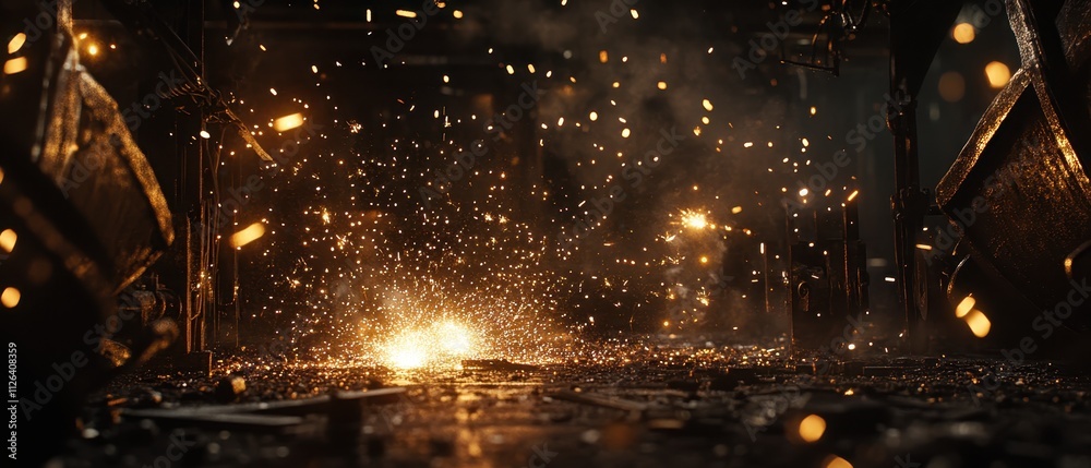 Blacksmith at work forging metal in a traditional workshop during the evening glow with sparks flying around