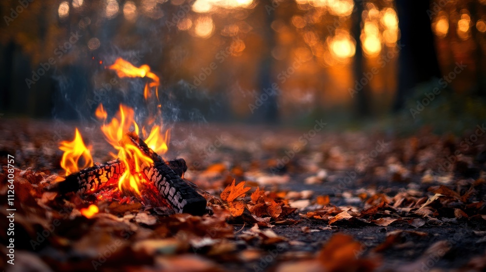 Campfire burning in autumn forest.