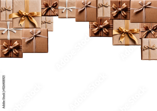 Gift boxes wrapped in natural brown papers with bows isolated on transparent background. Frame of christmas gifts. PNG file, copy space for text. photo