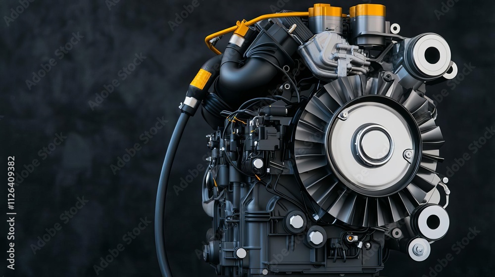 Fototapeta premium Mechanics repair engine adjustment concept. Engine close-up on a dark background highlighting mechanical details.
