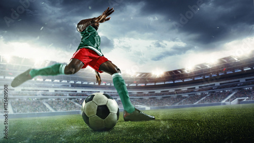 Focused and motivated man, soccer player in motion on open air arena playing soccer with determination and ambitions, kicking ball. 3D render of stadium. Sport, tournament, competition, game concept