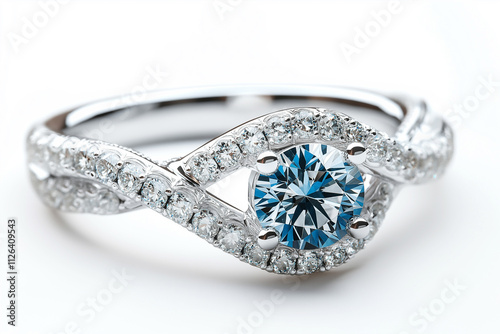 Elegant engagement ring with blue diamond centerpiece and sparkling accents. Generative AI