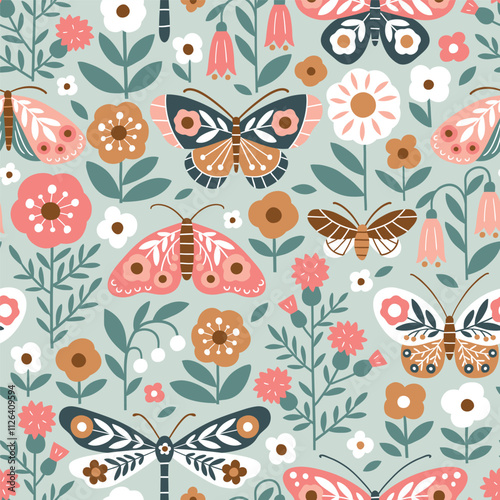 Seamless vector pattern with hand drawn butterfly, dragonfly on floral background. Modern boho floral illustration. Perfect for textile, wallpaper or nursery print design. EPS10 vector file.