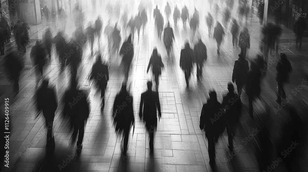 Obraz premium Black-and-white urban scene with silhouettes of people walking dynamically