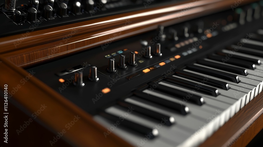 Wooden synthesizer keyboard with knobs and buttons. Wooden synthesizer keyboard with knobs and buttons.