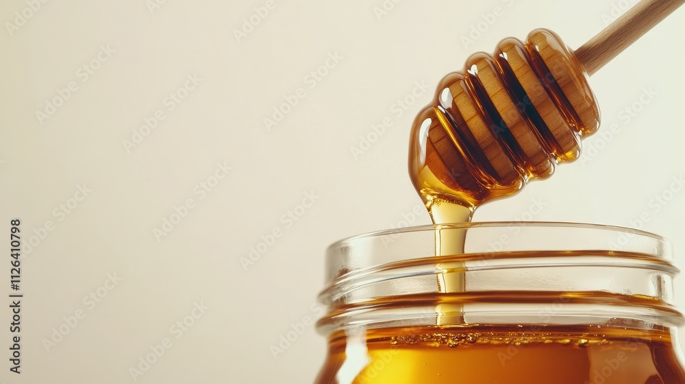 Golden honey dripping from dipper into jar, close-up, honeycomb pattern, amber color, natural sweetener, food photography Golden honey dripping from dipper into jar, close-up, honeycomb pattern, amber color, natural sweetener, food photography