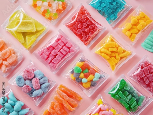 Freeze-dried candy with colorful sweets and trendy packaging in a modern snack scene
