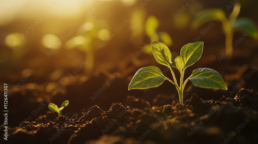 Young plants growing in soil, close-up on sunrise, fresh green seedlings in morning light, nature photography print Young plants growing in soil, close-up on sunrise, fresh green seedlings in morning light, nature photography print