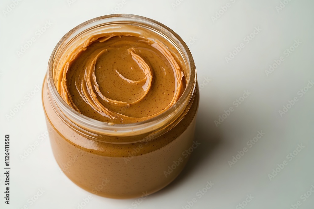Open jar of creamy peanut butter on plain background Open jar of creamy peanut butter on plain background