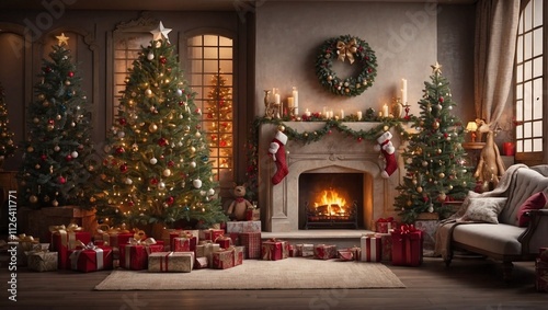 Christmas Scene with Decorated Tree, Fireplace