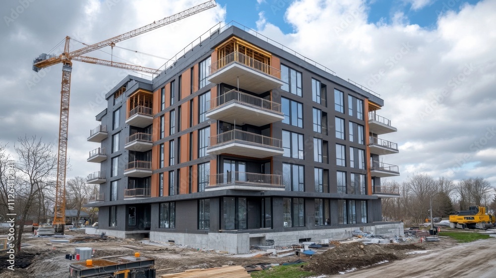 Obraz premium Modern residential building with colorful balconies under clear skies