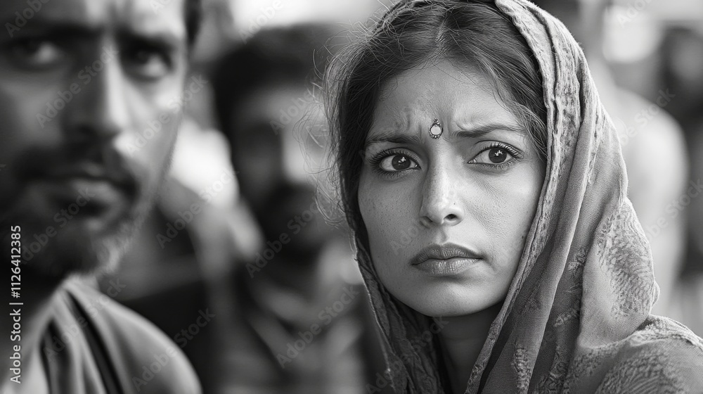 Portrait of a woman in a traditional Indian saree with a solemn expression Portrait of a woman in a traditional Indian saree with a solemn expression