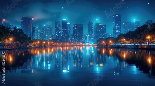 Glowing city skyline reflecting perfectly on a dark, still river.