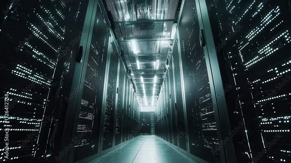 Obraz premium Data center operations server room digital infrastructure high-tech environment low angle technology advancements