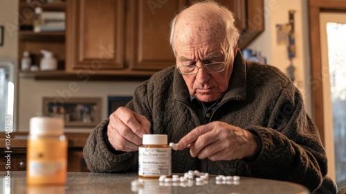 Elderly Individual Organizing Medication at Home in Natural Light