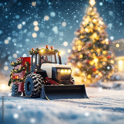 A festive tractor adorned with garlands, ornaments, and glowing lights
