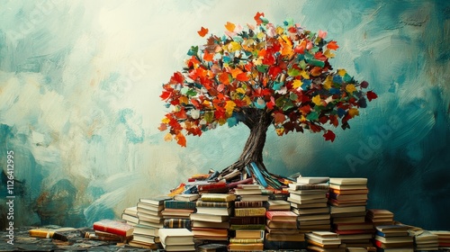 Vibrant tree with colorful autumn leaves on stacked books, stunning artistic background, literature inspired artwork