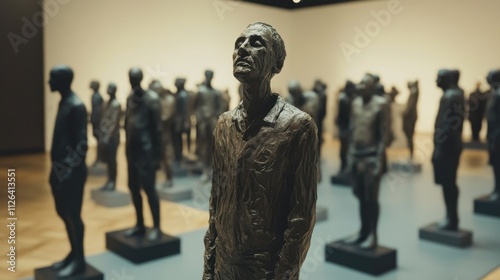 A single bronze sculpture of a man looking upwards, surrounded by many other similar, smaller sculptures in a gallery. photo