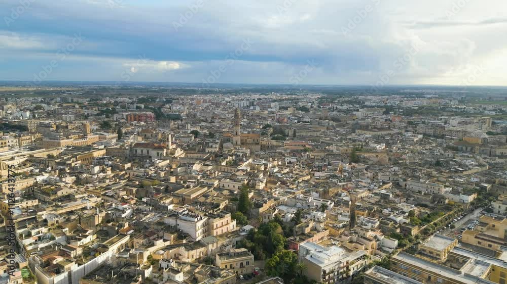 Aerial drone view of the historic city center in Lecce, a town in Puglia, southern Italy.