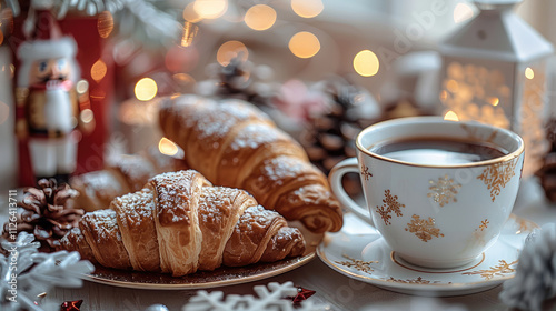 Christmas-themed tea set with a white cup filled with black coffee and croissants on a gold-patterned plate, lanterns, twinkling string lights and Small wooden nutcracker figurines on the table.