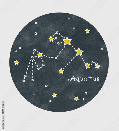 Aquarius constellation drawn with white and yellow pencils in a childish cartoon style on a texture circle background