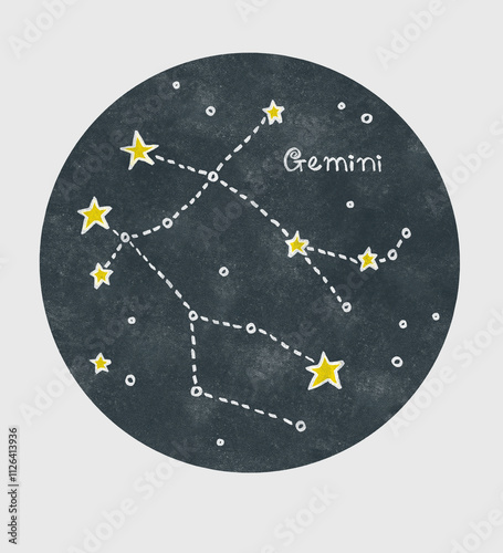 Gemini constellation drawn with white and yellow pencils in a childish cartoon style on a texture circle background