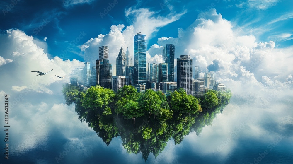 Fototapeta premium Floating city, lush trees, clouds, calm water.