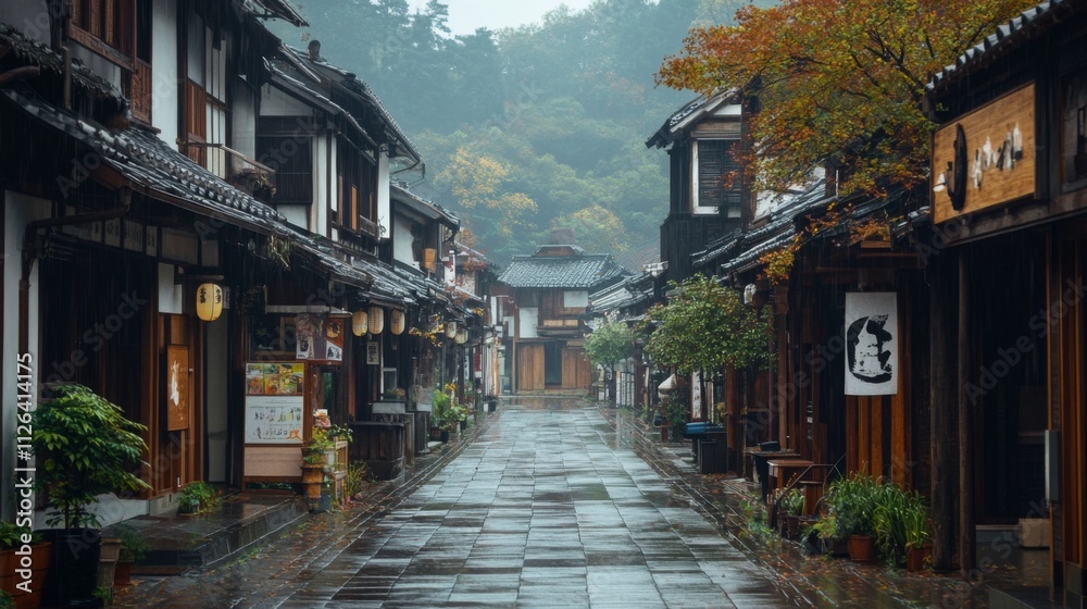 Traditional village street lined with historic wooden buildings Traditional village street lined with historic wooden buildings