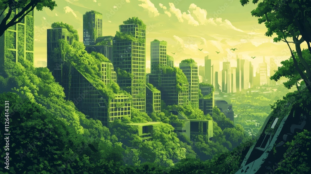 Futuristic Green Cityscape with Overgrown Buildings and Multiple High-Rises, Lush Greenery Trees and Birds in the Sky Futuristic Green Cityscape with Overgrown Buildings and Multiple High-Rises, Lush Greenery Trees and Birds in the Sky