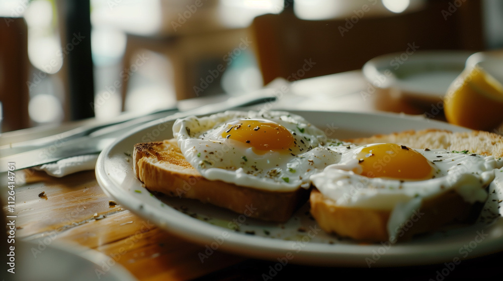 Elegant Close-Up of Gently Poached Eggs on a Table, Perfect for Culinary Promotion and Breakfast Concept Elegant Close-Up of Gently Poached Eggs on a Table, Perfect for Culinary Promotion and Breakfast Concept