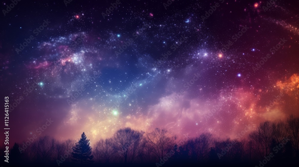 Fototapeta premium Night Sky Galaxy Stars Milky Way Trees Silhouette Scenic Landscape Celestial Cosmos Universe Starlight