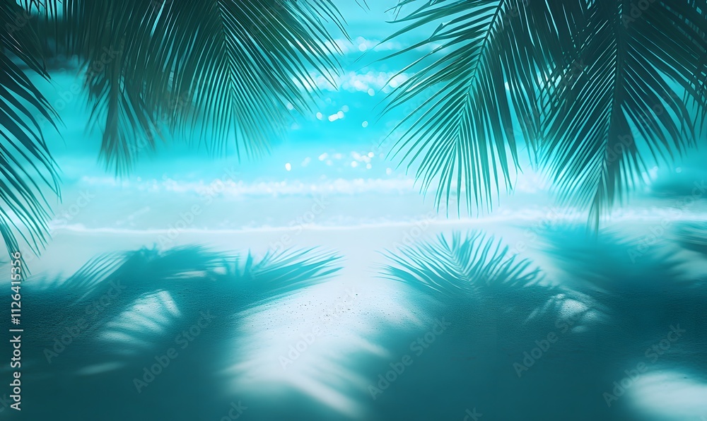 Palm leaves casting neon blue shadows on the pristine beach, with soft Palm leaves casting neon blue shadows on the pristine beach, with soft