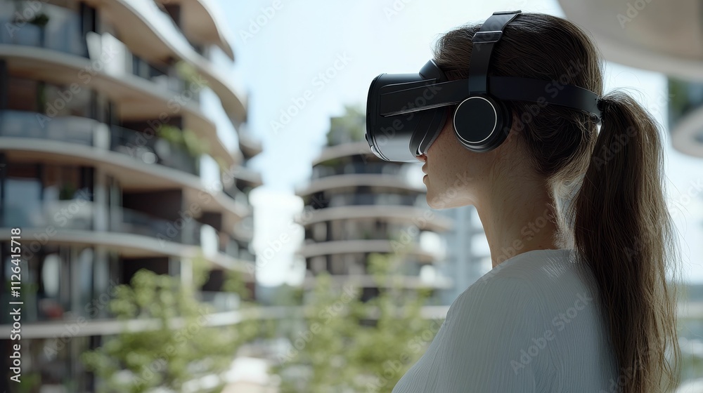 Fototapeta premium Woman wearing headset, viewing cityscape, modern buildings.
