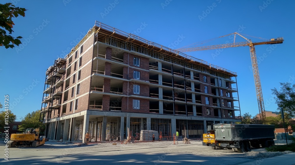 Modern residential building under construction with cranes in a sunny urban environment Modern residential building under construction with cranes in a sunny urban environment