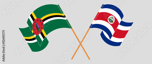 Crossed and waving flags of Dominica and Costa Rica. Vector illustration