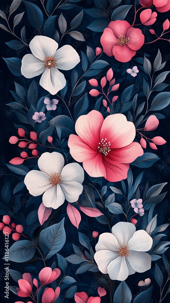 dark blue and pink floral pattern with white flowers dark blue and pink floral pattern with white flowers