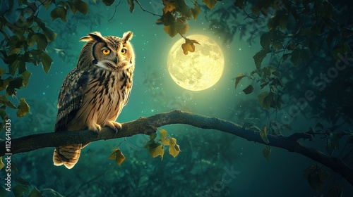 Owl perched on branch at night, full moon. (6) photo