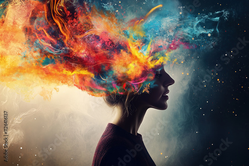 Explosion of ideas concept. Woman with colorful smoke emanating from her head. Imagination.