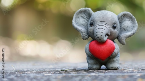 Adorable miniature elephant figurine with a heartwarming smile holding a bright red heart, set outdoors among soft foliage and a natural bokeh background for a romantic and cheerful theme.