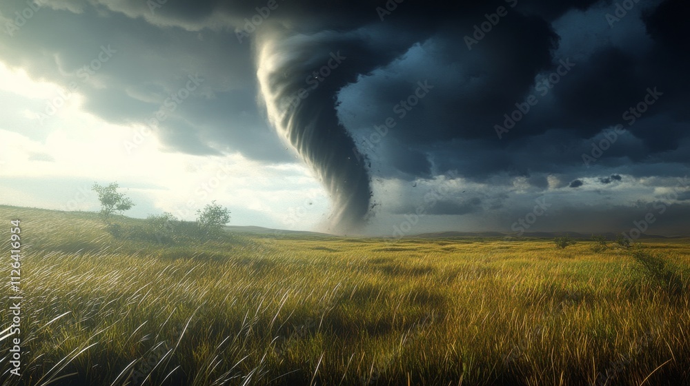 A distant tornado touching down on a serene, expansive prairie A distant tornado touching down on a serene, expansive prairie