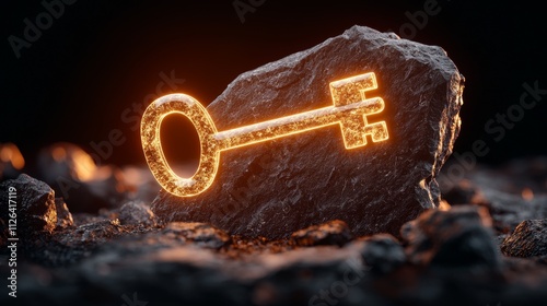 A glowing key rests against a textured rock, illuminated by warm light, creating a mystical and intriguing atmosphere.