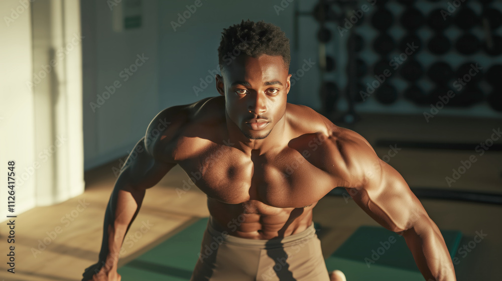 Muscular athlete posing in gym with dramatic lighting