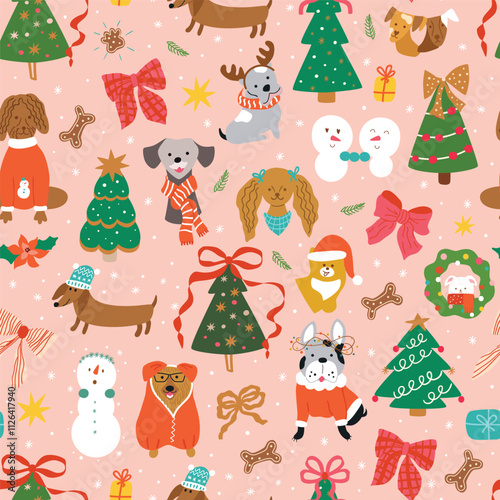 Christmas dog seamless pattern on the pink background. Vector cute dogs, puppies, Christmas tree, bow knots print. Funny kids New Year wallpaper, background with pets, gift paper, textile design.